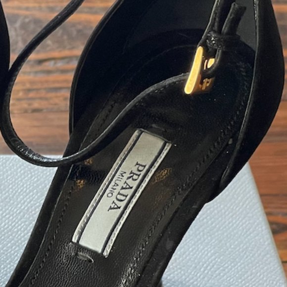 PRADA Black Suede Ankle Strap Sandals Metal Sculptural Gold Heel with Emeralds - Picture 15 of 16